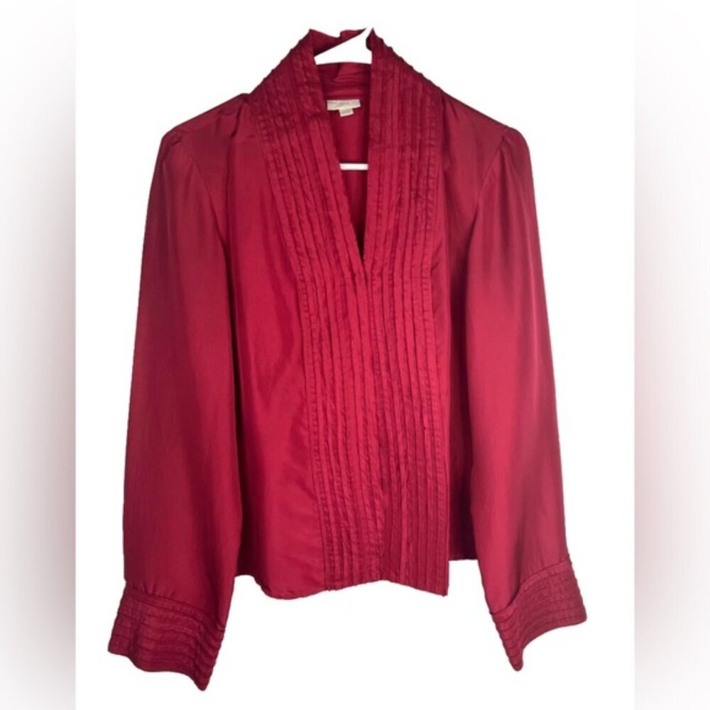 J. Jill 100% SILK Pleated V neck Snap Closure Long Sleeve Tunic Blouse Sz XS